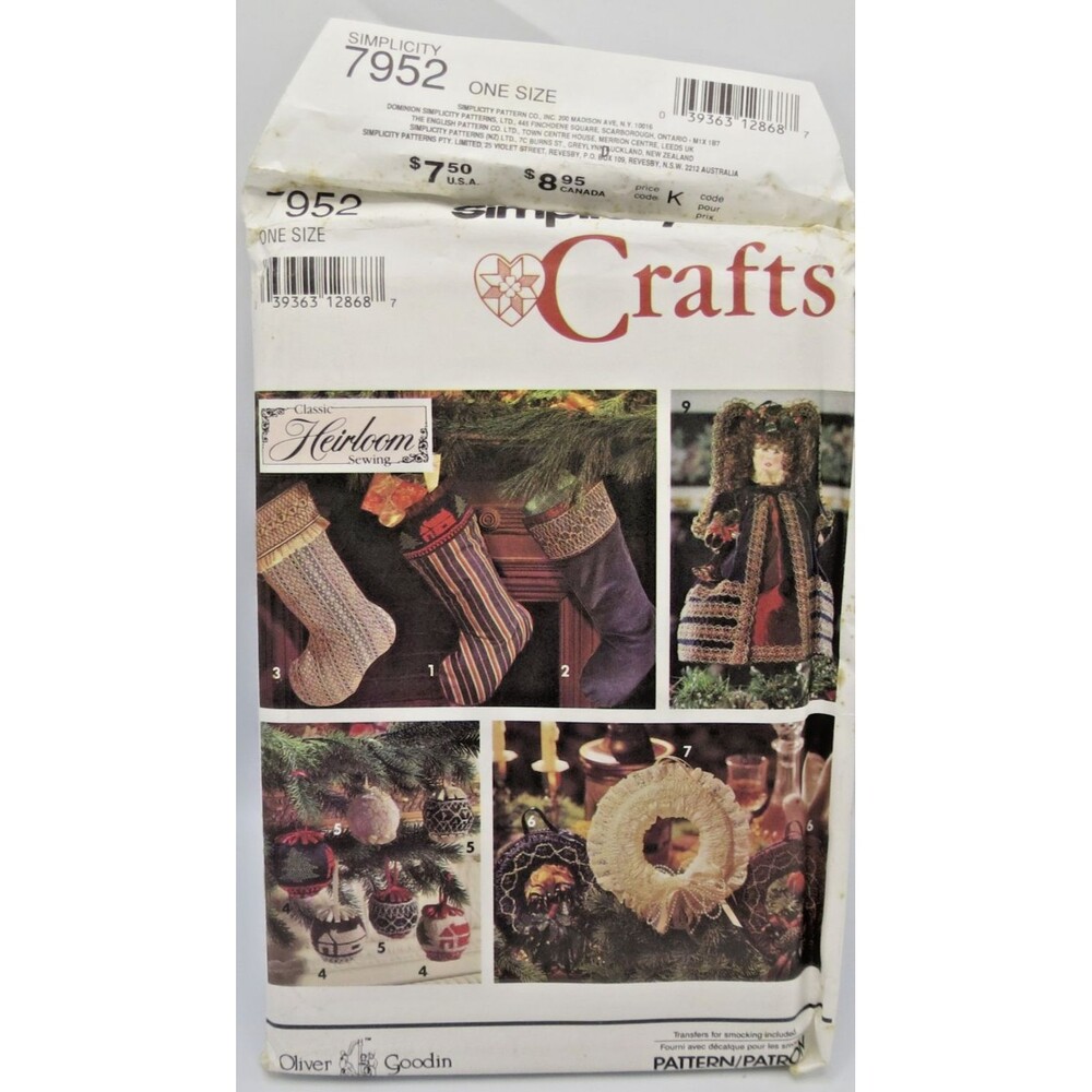 Simplicity #7952 Vintage Heirloom  90s Christmas Decor Sewing Pattern Uncut